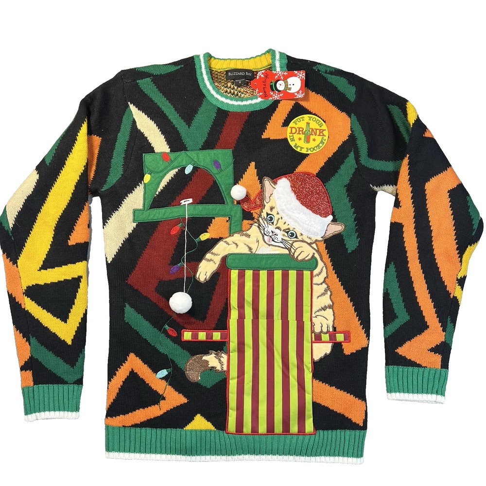 NEW Blizzard Bay CAT playing DRINK HOLDER Retro Fun Ugly Christmas Sweater Sz S‎